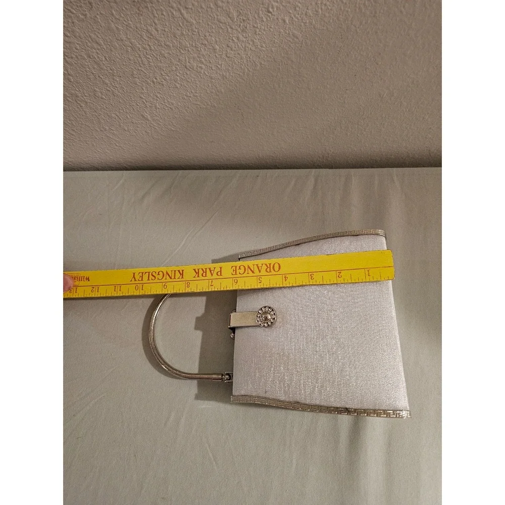 Silver Satin Evening Clutch Bag Rhinestone Greek Key Frame Formal Handbag